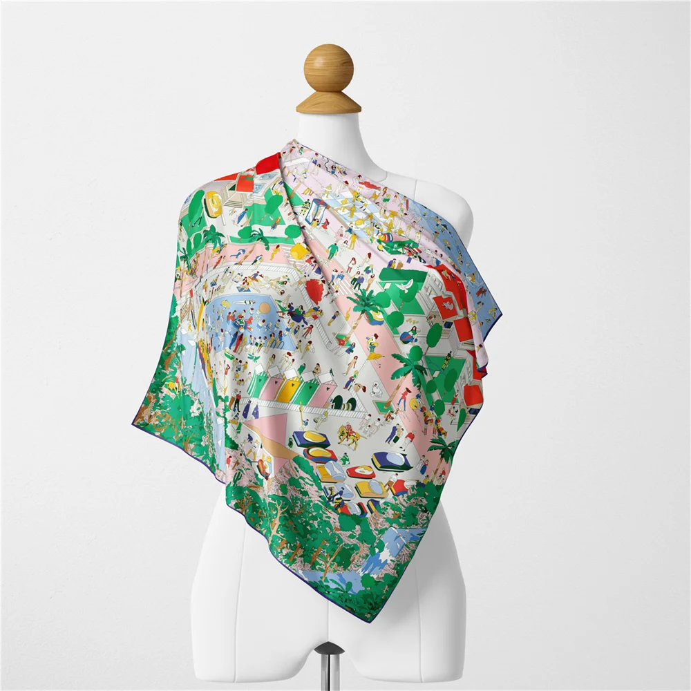 POBING Twill Silk Scarf Women Resort Print Square Scarves Wraps Bandana Small Hijab Silk Foulards Tie Headband Neckerchief 53CM