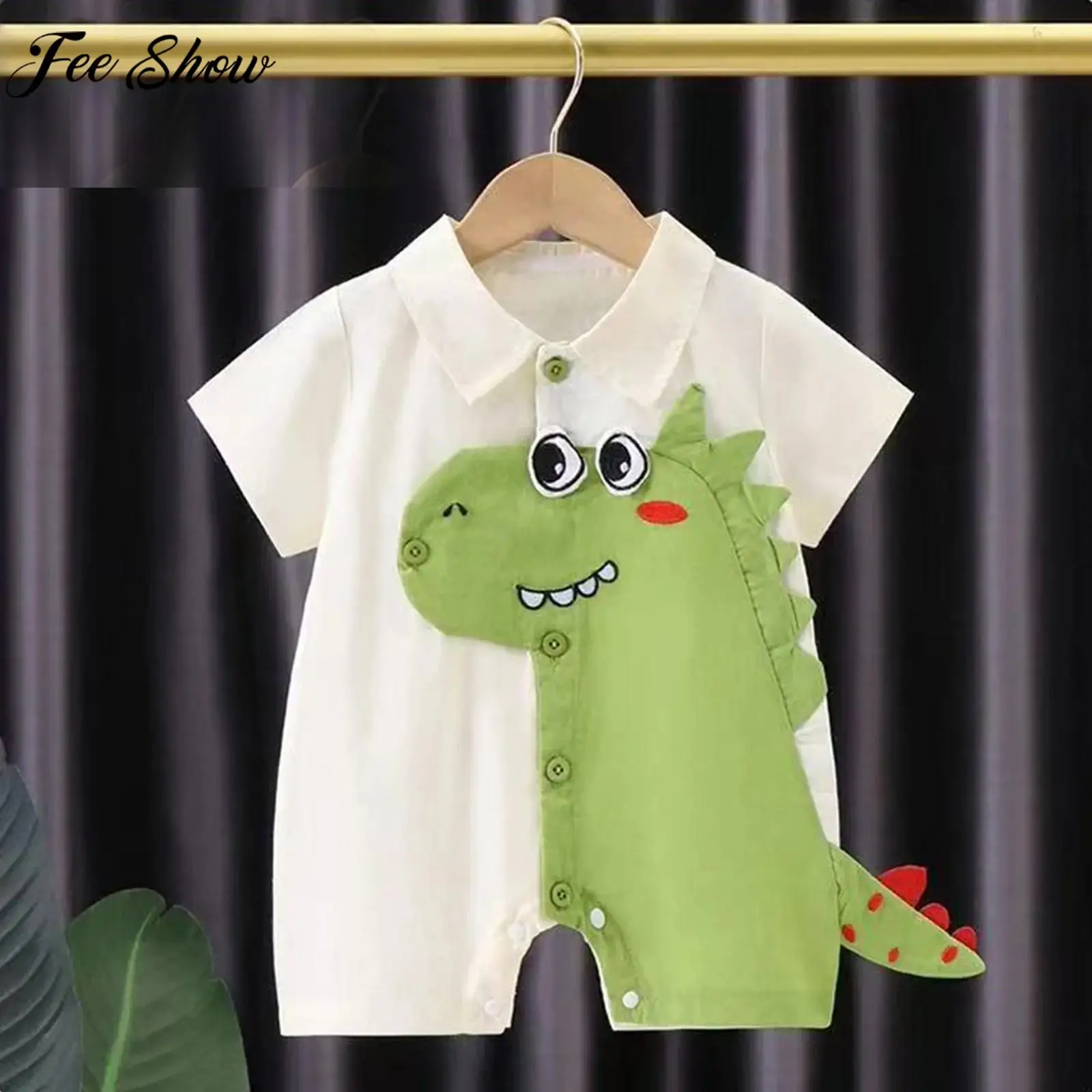 

Baby Boys Cute Cartoon 3D Printed Dinosaur Romper Summer Short Sleeve Lapel Cotton Comfortable Casual Bodysuit Daily Wear