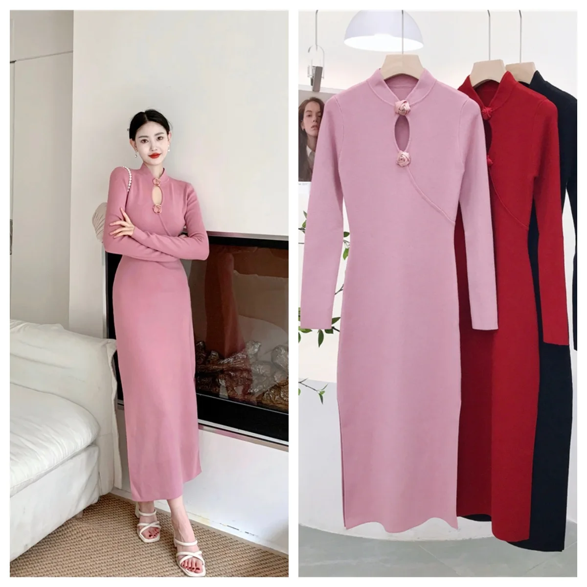 7820 Abito lungo dimagrante in vita con spacco scavato floreale con colletto cheongsam in tinta unita nuovo stile cinese primaverile