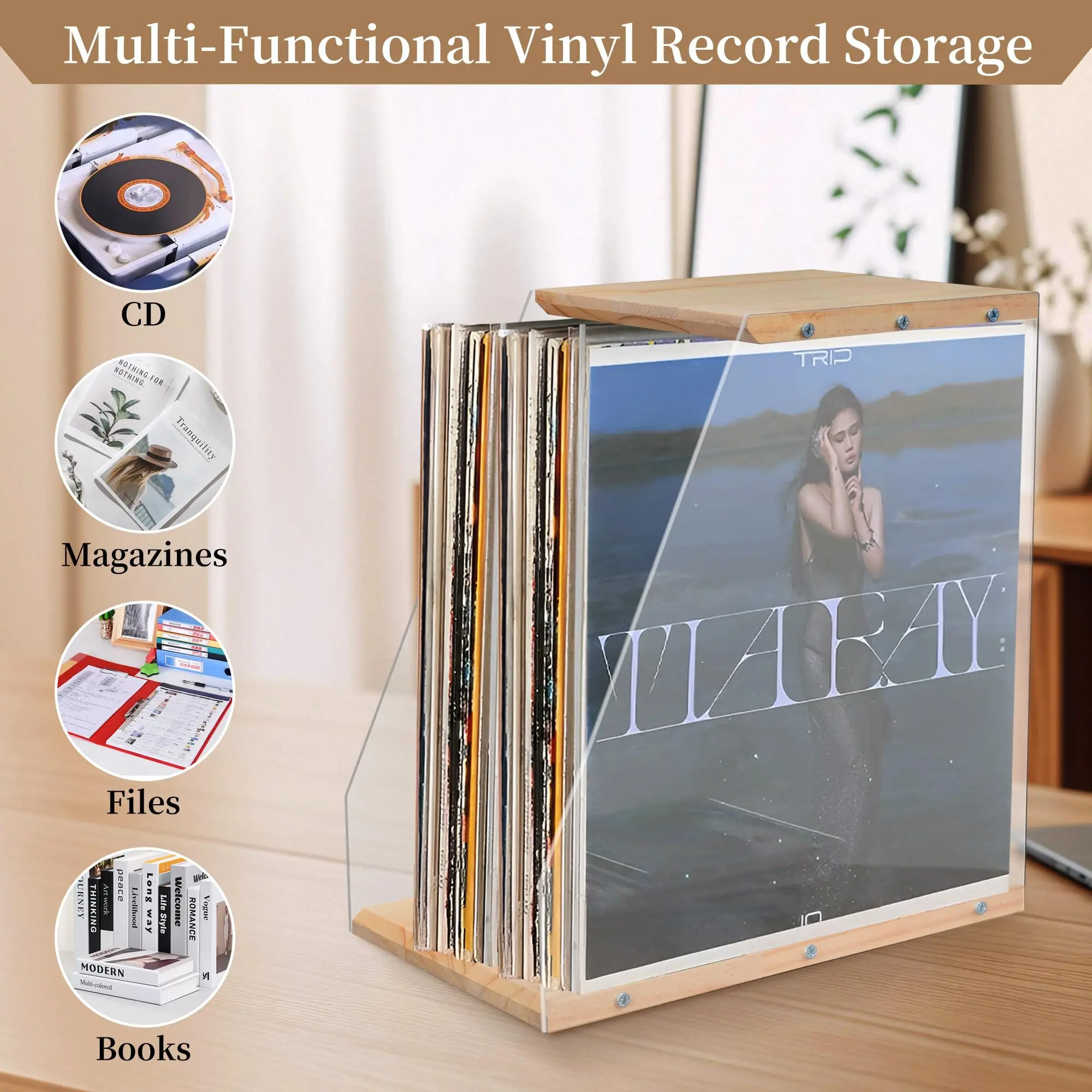 Wooden Record Rack Desktop Ornament Transparent Vinyl Record Display Rack Cassette Book Storage Box Solid Wood Organizer