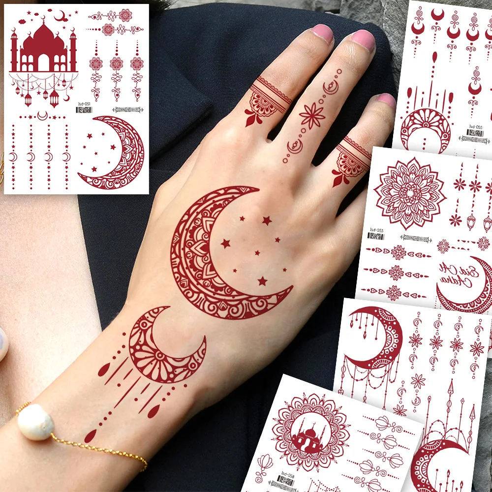 6 Sheets Eid Mubarak Ramadan Temporary Tattoo Stickers, Moon & Stars & Element Red Design Henna Mandala Flower Pattern Stickers