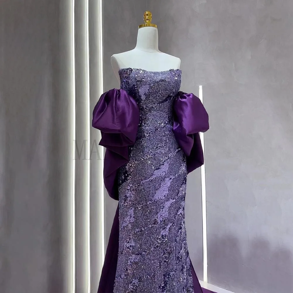 Vestidos de noite sereia cetim roxo para mulheres, ombro fora, mangas destacáveis, fenda, festa de formatura, luxo