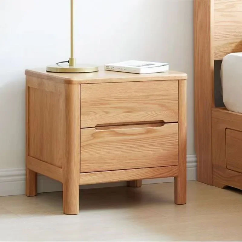 Modern minimalist solid wood bedside table, North American oak double drawn bedside table, light table