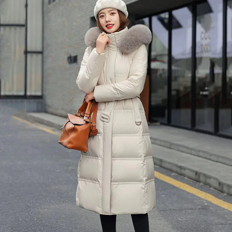 New Women\'s Large Hair-Collar Down Jacket Long Winter Coat Female Korean White Duck Down Coats Snow Hooded Parker Overcoat Black