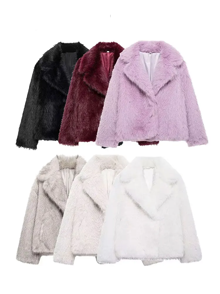 HH Female Elegant Solid 3-Color Faux Fur Effect Long Sleeve Cardigan Coat Winter Women's High Street Pockets Coat Mujer