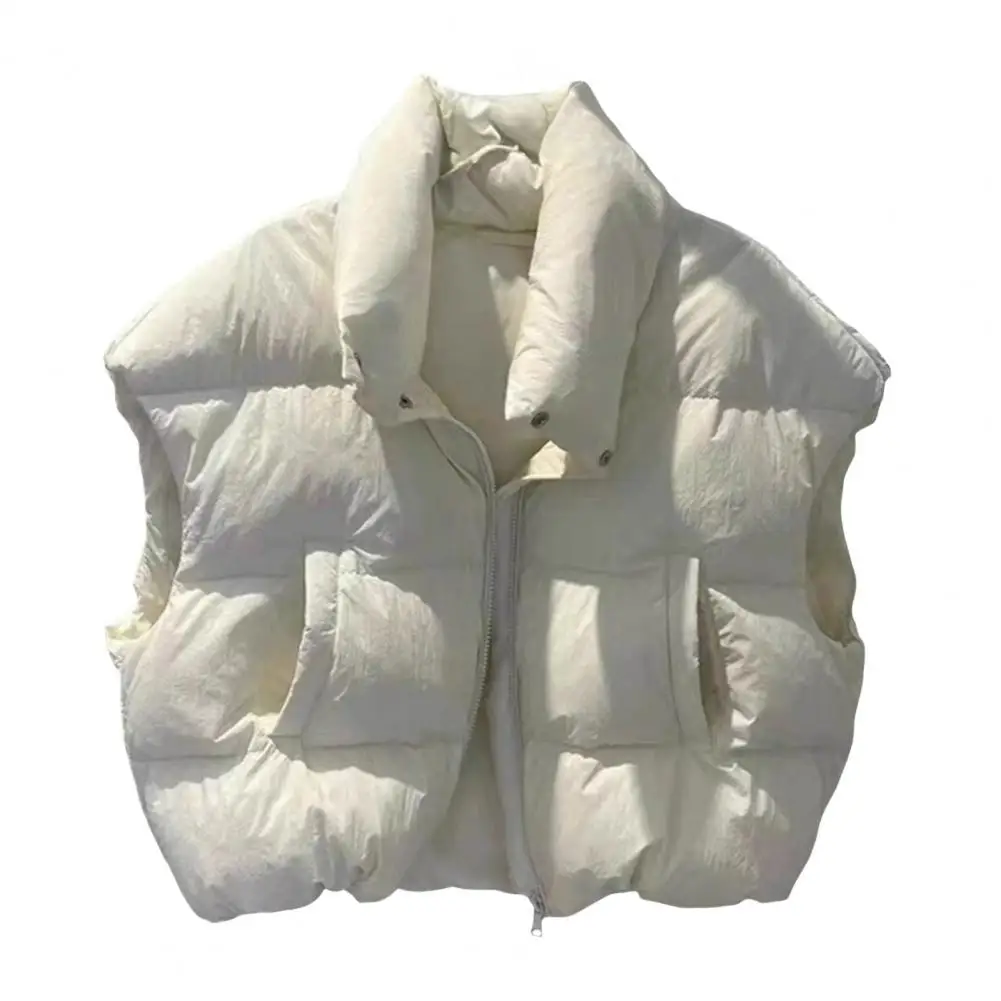 Loose Fit Short Jacket Women Down Vest Winter Waistcoat with Stand Collar Zipper Closure Jacket with Pockets Solid Color Loose