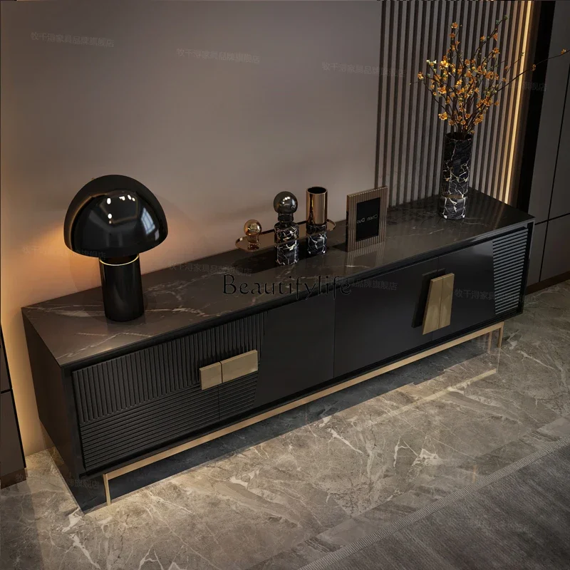 

4Italian light luxury TV cabinet modern simple living room storage rock slab black floor cabinet