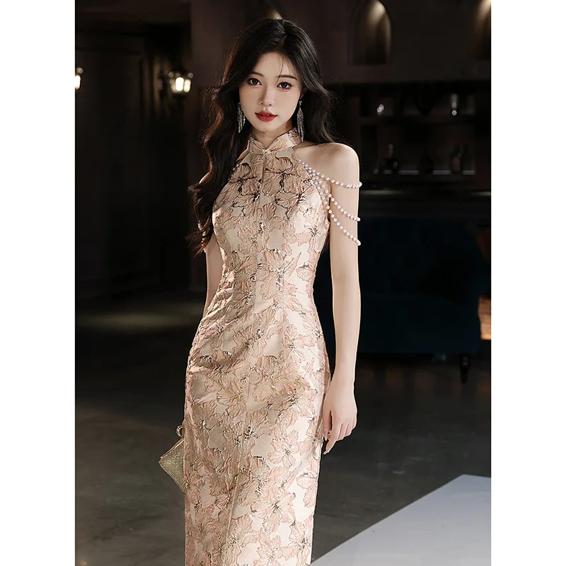 

Halter Beaded Sleeveless Qipao New Chinese Style Sexy Wedding Banquet Evening Dress