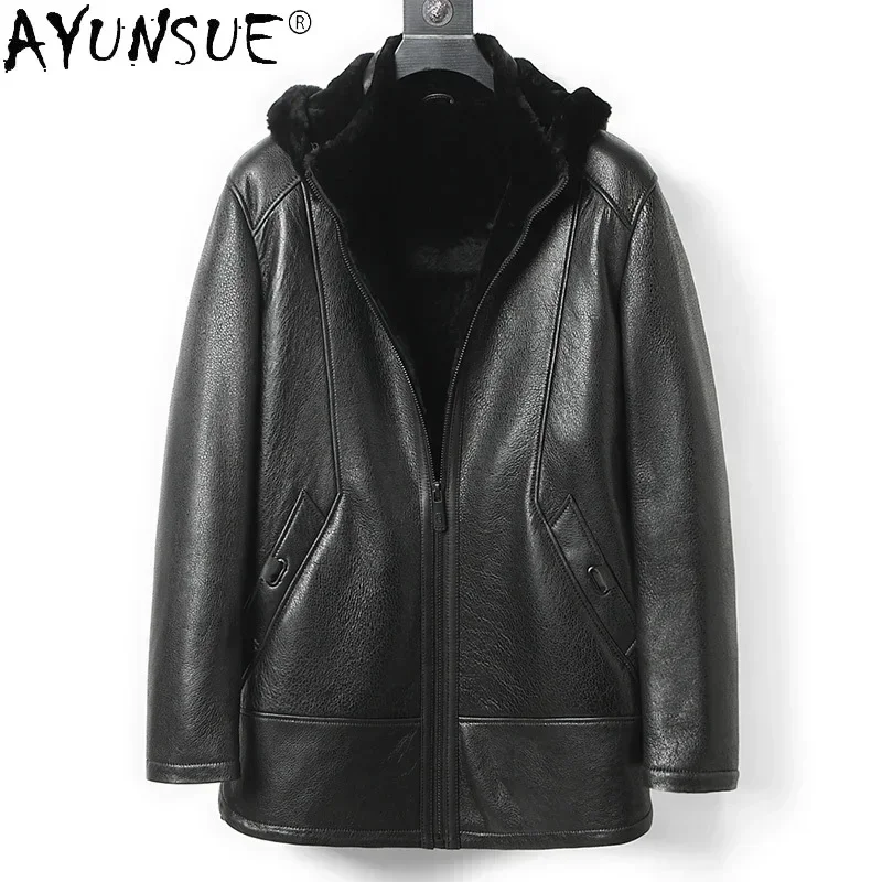 AYUNSUE Winter Natural Fur Coat Male Hooded Genuine Sheep Shearing Jacket Black Sheepskin Leather Chaquetas Hombre Gmm422