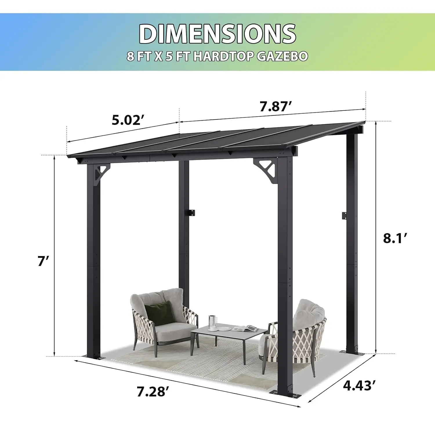 8’x5’ Premium Gazebo with Aluminum Frame & Polycarbonate Panel, Black, Customized
