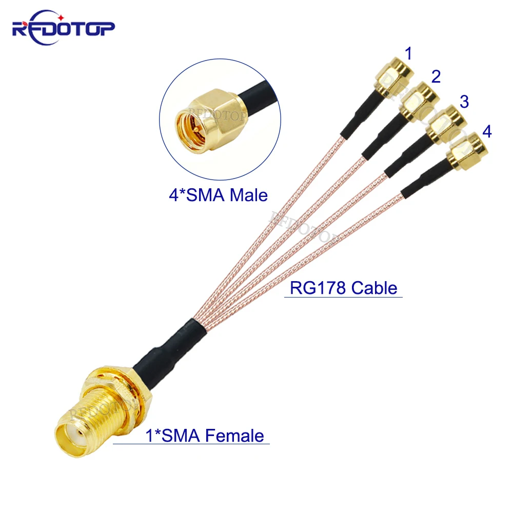 1xSMA Female to 4xSMA Male Plug 1 to 4 SMA Splitter Cable RG178 Pigtail Jumper WIFI Antenna Extension Coaxial Cable 15cm-50cm