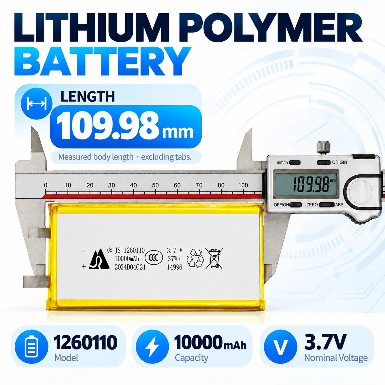 JS 1260110 3.7V 10000mAh Rechargeable LiPo Battery Lithium Polymer Pouch Cell 12x60x110mm with Flat Metal Tabs