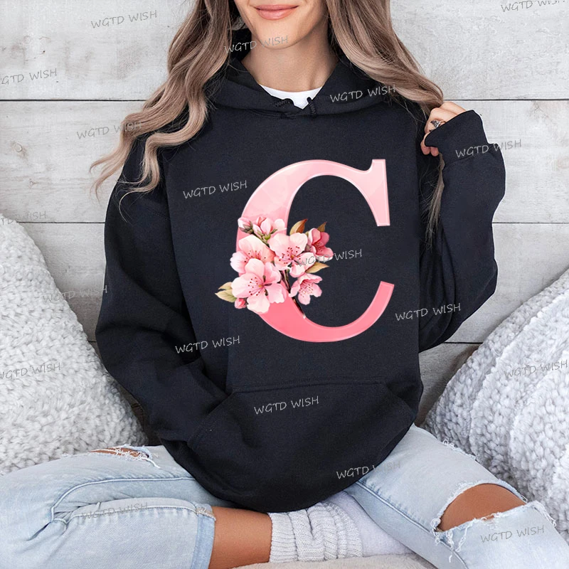 Women's Sakura Graphics Letter Hoodies Pink Floral 26 Alphabet Long Sleeve Sportswear Cherry Blossoms Female Autumn Sweatshirts