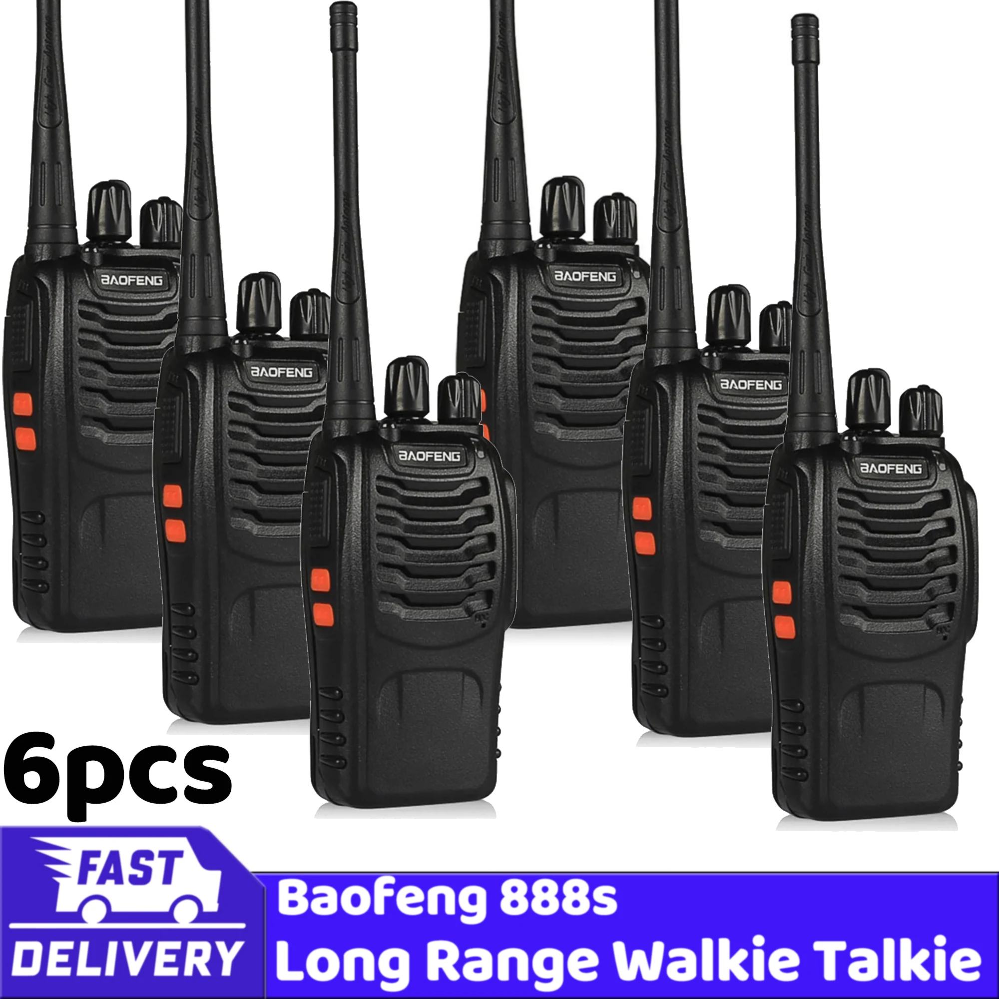 Baofeng-6 pièces 888S originales, haute puissance, perforées, communication longue distance 10km, veille ultra-longue, 5W, vente en gros