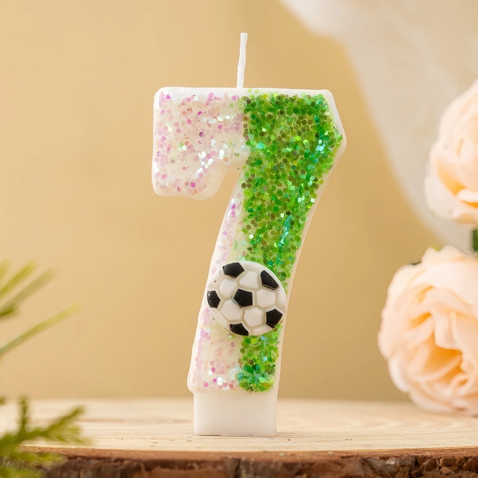 Football Decor Numeral Candle, Sparkly Green Sequin Number Cake Candle for Boys Birthday Party