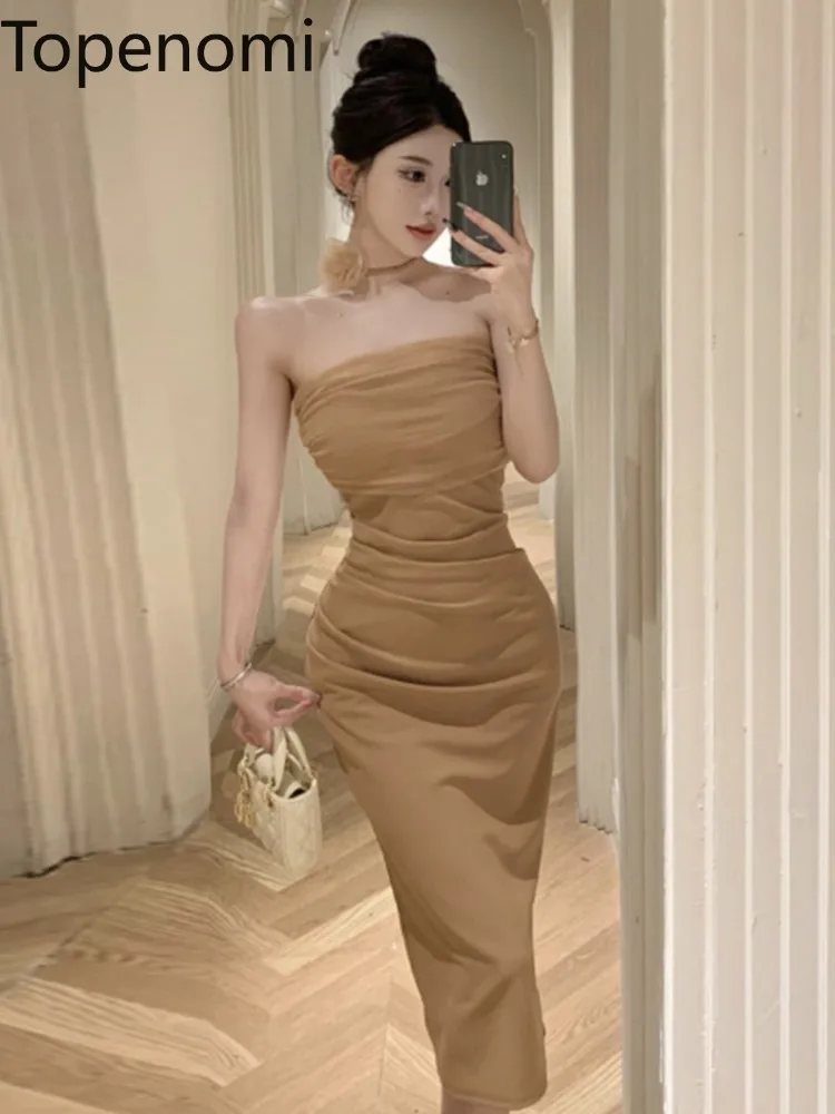 

Topenomi Sexy Flower Halter Banquet Party Strapless Dress Women Temperament High Waist Folds Slim Fit Formal Evening Vestidos