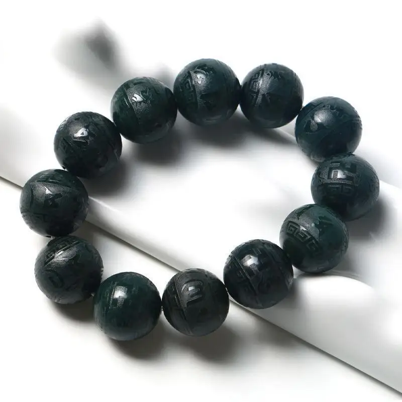 

18 мм сертифицированные нефритовые браслеты для мужчин и женщин из натурального китайского нефрита Хэтянь с шестью символами мантра резной браслет из бисера браслеты
