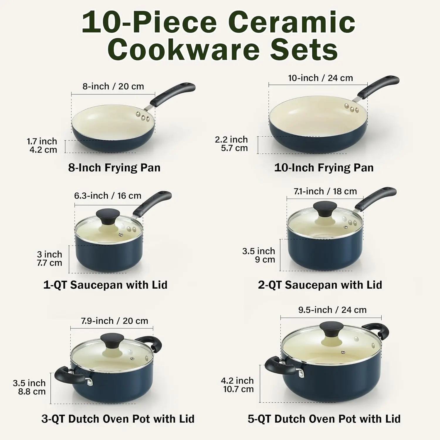 Pots and Pans Set Nonstick, 10-Piece Ceramic Kitchen Cookware Sets, Nonstick Cooking Set with Saucepans, Frying Pans, Dutch Ove