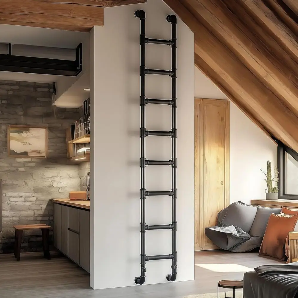 8-Rung Wall Mounted Ladder, Heavy-Duty Metal 8T EgrWindow & Lot Ladder or Basement, Attic Bunk Bed, ire Ese - 355LBS Load, Matte