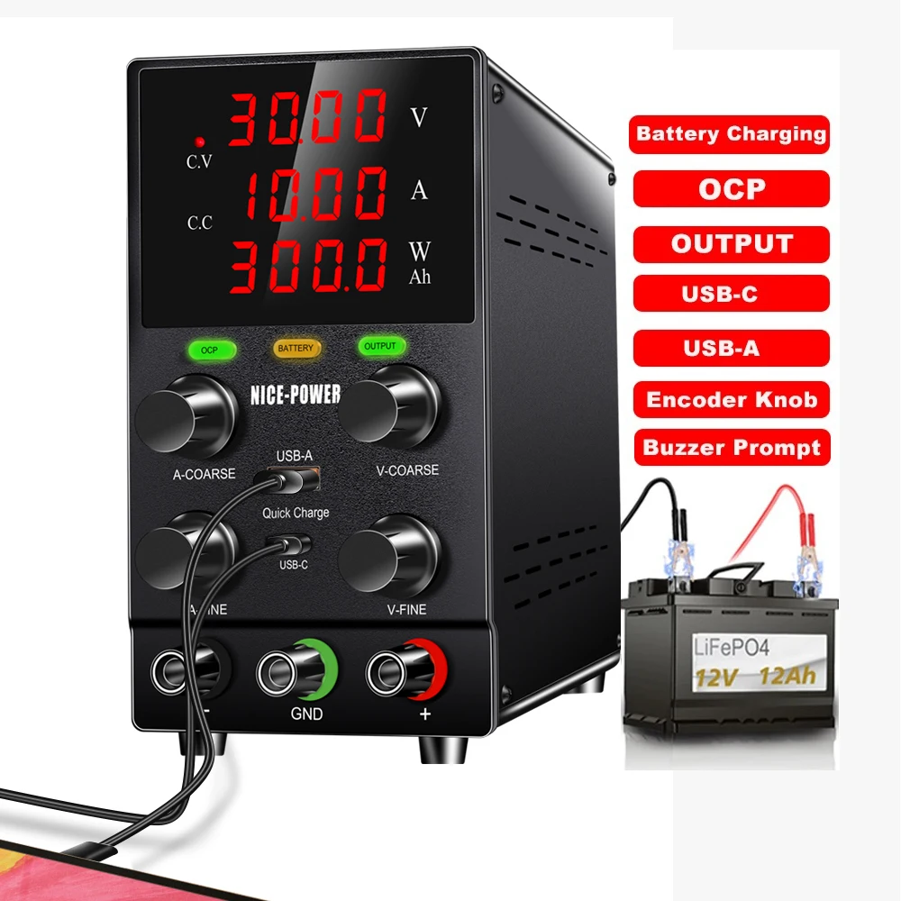 

NICE-POWER SPS3010C 24V 30V 10A Adjustable Bench DC Switching Power Supply OCP Short Killer Battery Charging Voltage Regulator
