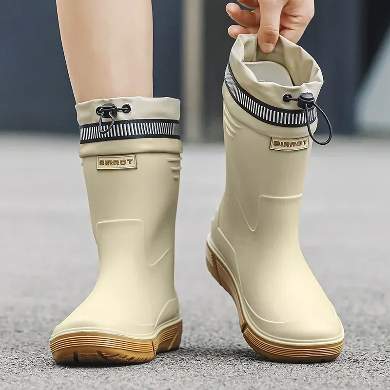 Windproof Rain Boots Men Leather Mid-calf Rainboots Fashion Black Elastic Band Rain Shoes Men Waterproof Work Boots