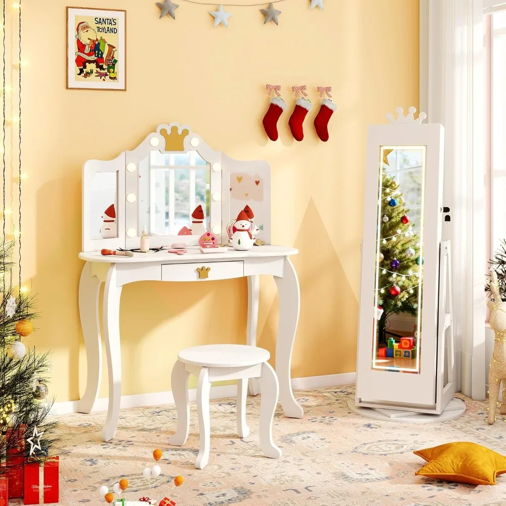 Kids Swivel Jewelry Cabinet with LED Lights, Rotatable Standing Jewelry Armoire w/Full-Length Mirror & Makeup Mirror