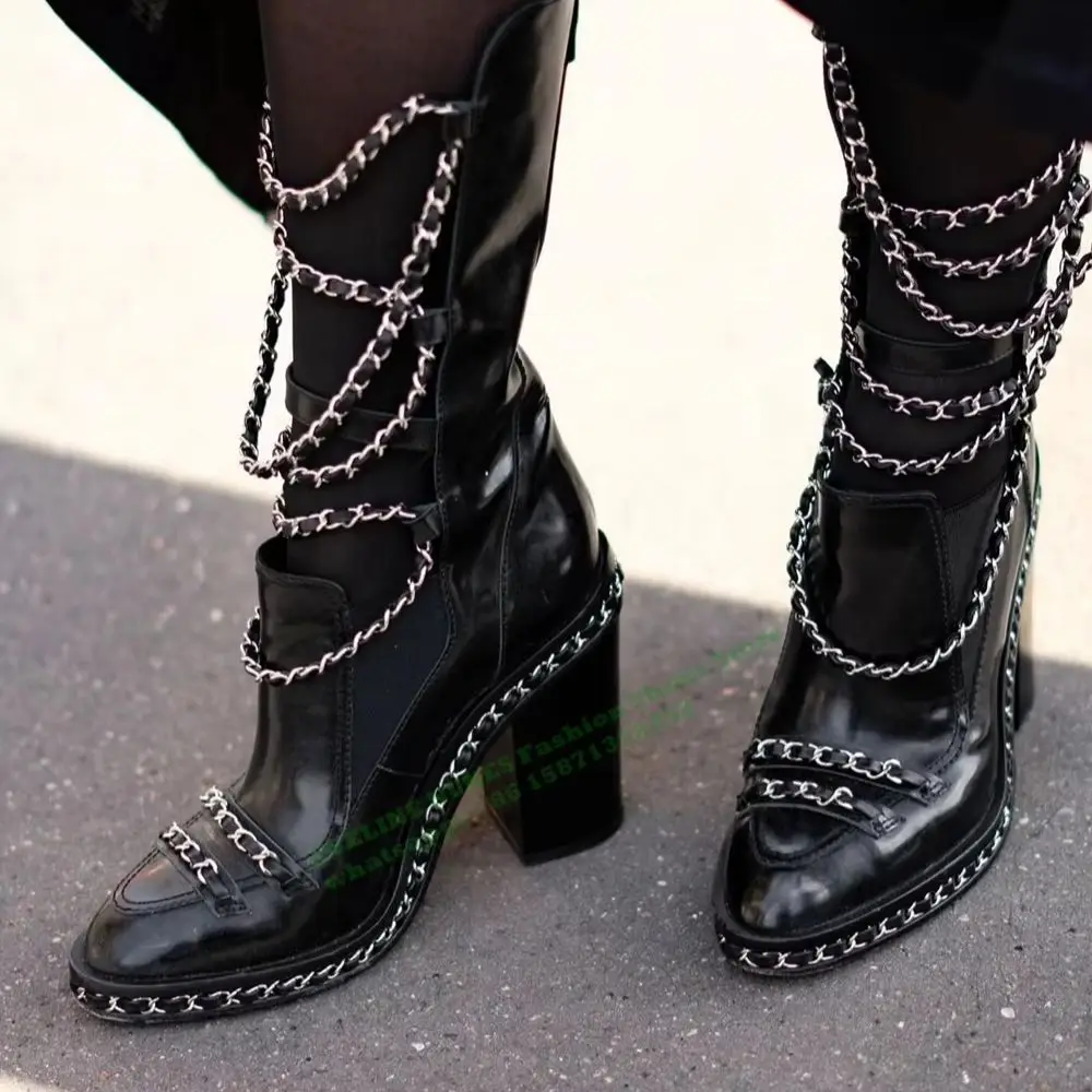 Black Chain Decor Patent Leather Boots 2024 New Style Pointer Toe Rivet Chunky Heels Solid Cut Out Patch Zip Fashion Ankle Boots