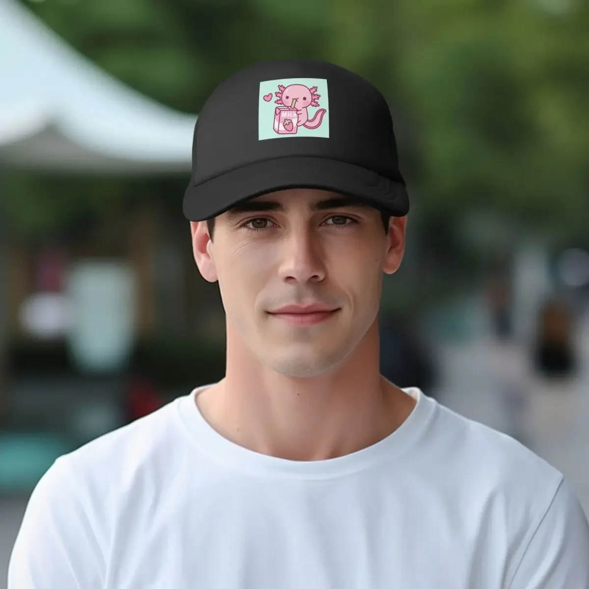 Cute Axolotl Loves Strawberry Milk Doodle Mesh Baseball Caps Snapback Fashion Baseball Hats Breathable Casual Casquette Outdoor