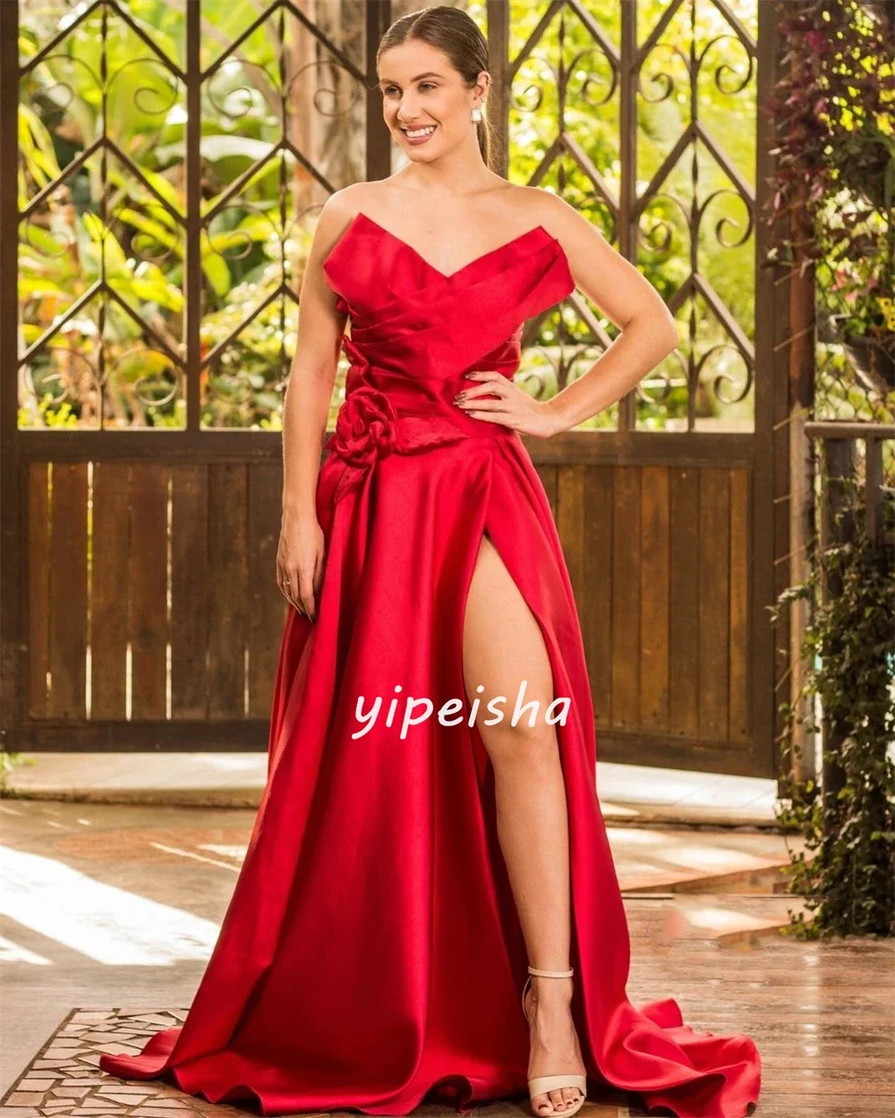 Customized Jersey Flower Ruched Christmas A-line Strapless Bespoke Occasion Gown Long Dresses
