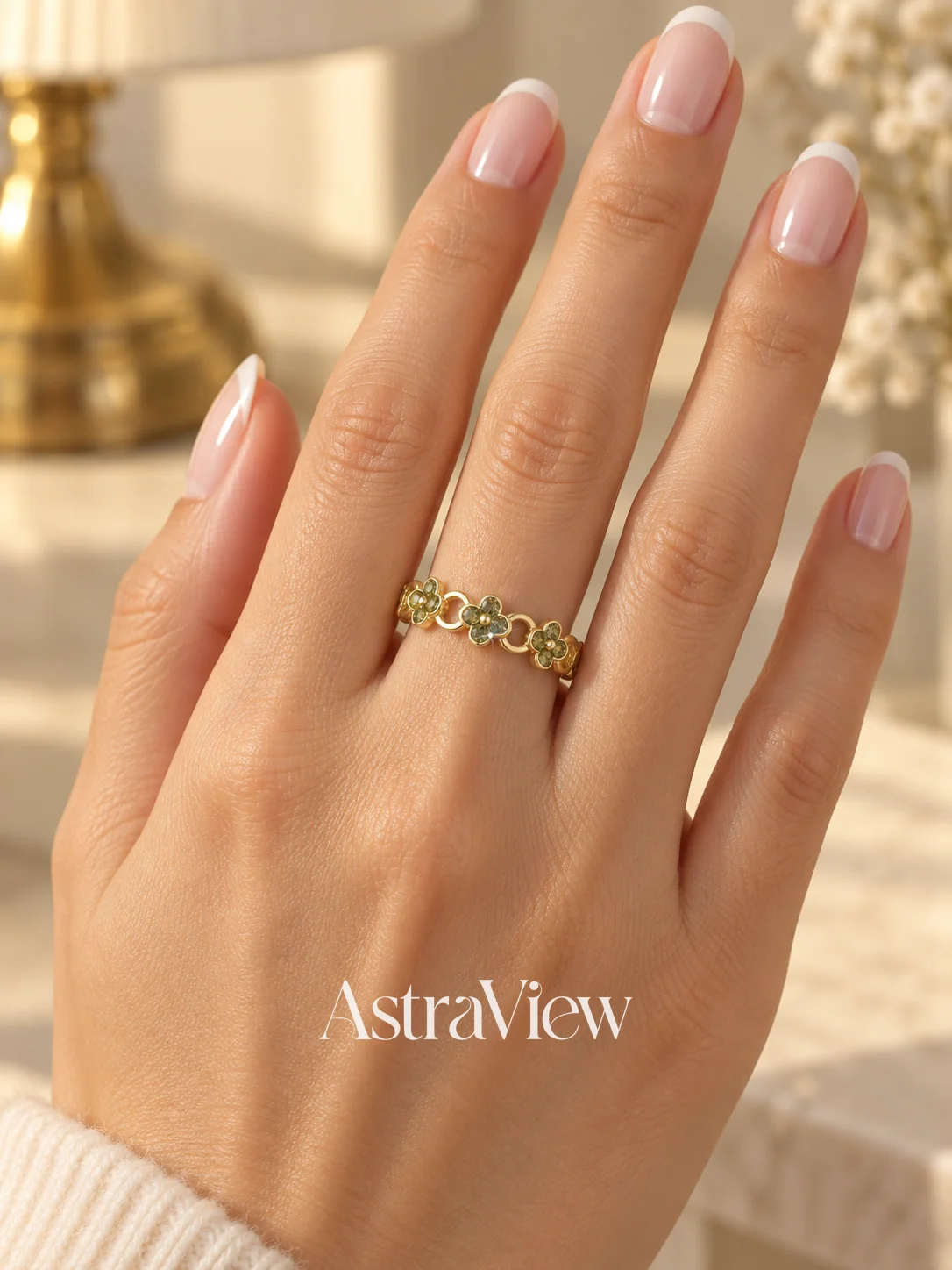 ASTRAVIEW Olive Green Four-Leaf Openwork Ring for Women, Elegant Jewelry, Wedding Bridal Jewelry, Anniversary Gift