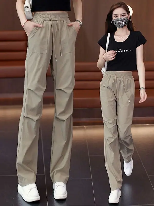 

American Style Work Pants Women Summer Thin Elastic Waist Slimming Popular Ice Silk Sun Protection Casual Wide Leg Paratroope...