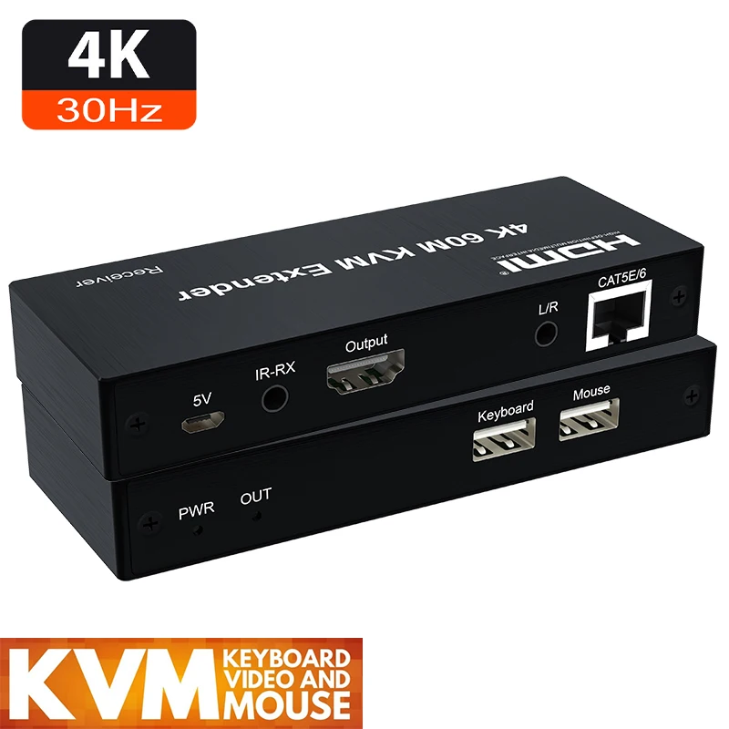 

4K 30Hz HDMI KVM Extender over RJ45 Ethernet Cat5e/6 HDMI USB Extender Transmitter Receiver Support Mouse Keyboard for PC NVR
