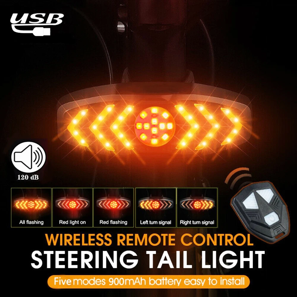 Bike Tail Lights Rechargeable Led Turn Signal Lamp Wireless Remote Control Waterproof Bicycle Rear Light Safety Warning Light