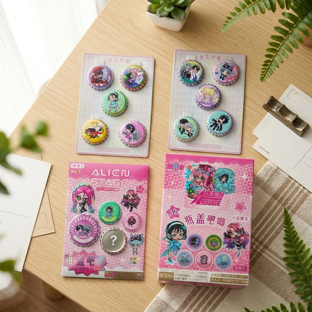 Alien Stage Merch Whole Box 6 Packs Of 5 Badges Luka Mizi Bottle Cap Pin Chibi Anime Birthday Present Party Share For Friends