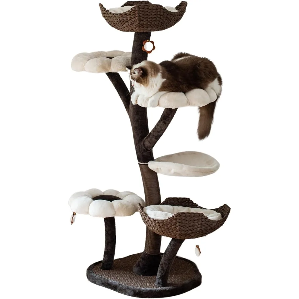 

Catry Cat Tree - Woodowoodo - All-in-One Cat Tower with Cat Scratching Post, Cat Hammock, Hand Woven Paper Baskets, & Teasing To