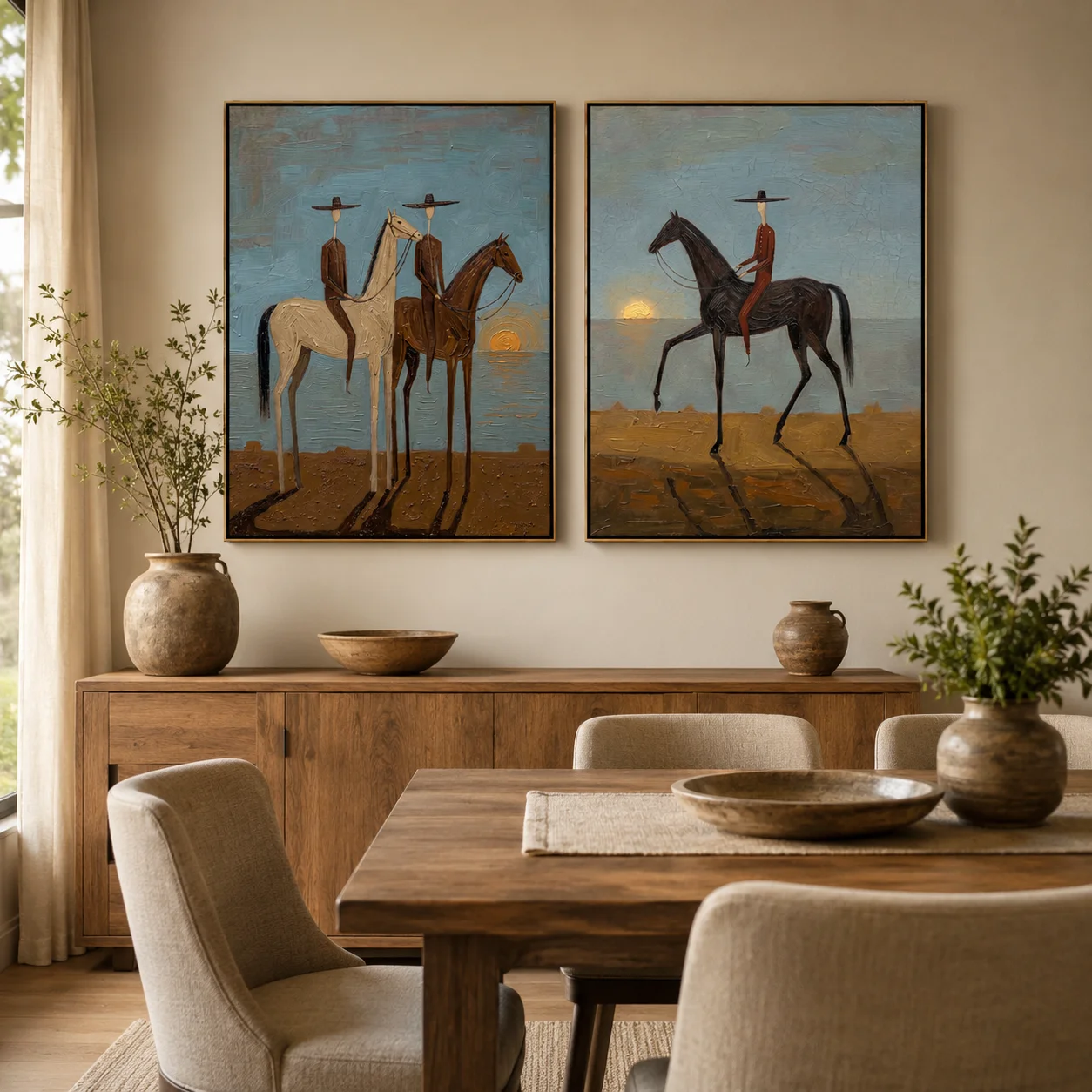 Dusk Riders Diptych – Vintage Americana Cowboys at Sunset Two-Panel Painting | Atmospheric Western Living Room Art