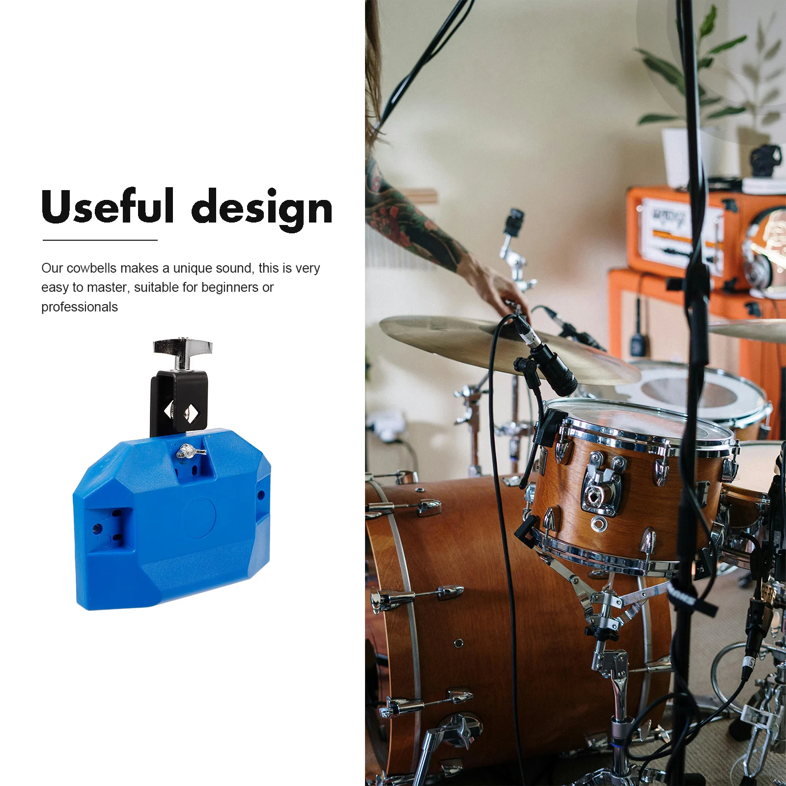 أداة قرع جرس البقر من البلاستيك المقاوم للصدأ، مجموعة طبلة موسيقية متينة مقاومة للتآكل ومشرقة