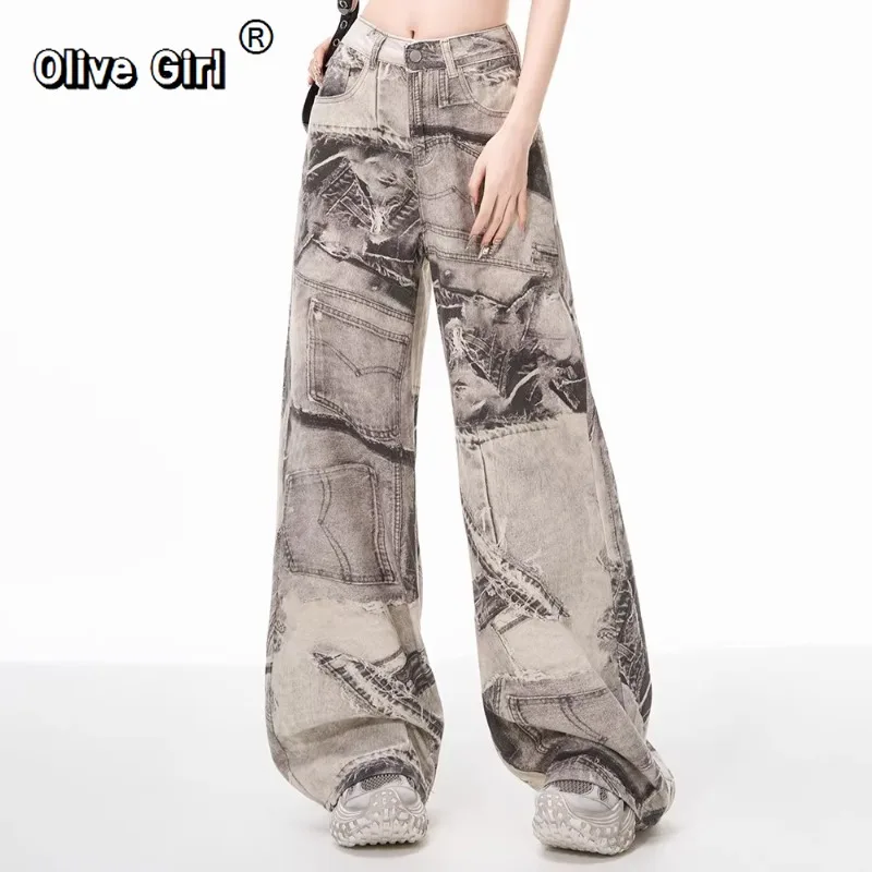 

Women Y2K Jeans Summer American Retro Tie Dye Print Streetwear Female High Waist Harajuku Loose Wide Leg Denim Pants Trousers