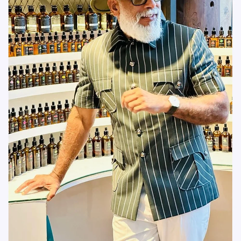 

Hot Sale Summer Men's Suits Fashion Striped Short Sleeves Casual Blazer With White Pants Contrast Color Banquet Handsome Outfit
