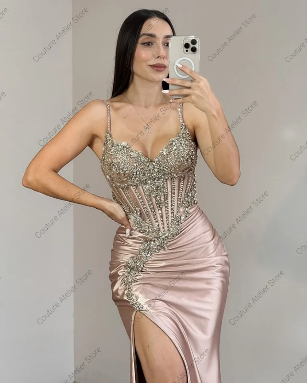 Różowa Sukienka Wieczorowa Spaghetti Kobieta Elegancka 2025 Bez Ramiączek Plisowana Syrena Dubaj Koktajl Bal Studniówkowy Suknie Formalne Imprezowe Szyte na Miarę