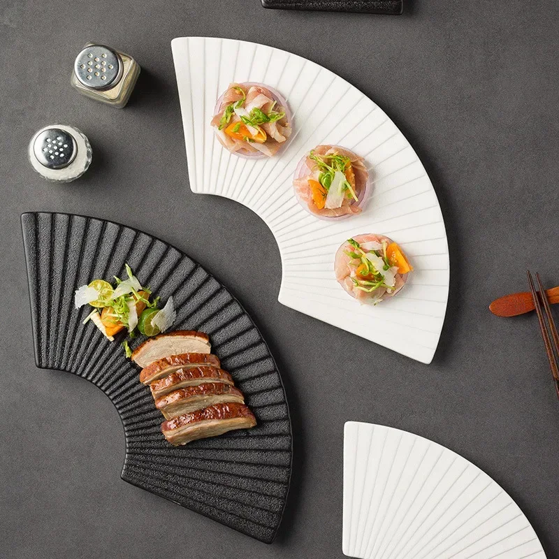 

Fan-shaped striped plate shaped plate Japanese sushi plate ceramic dessert home creative platter commercial hotel table