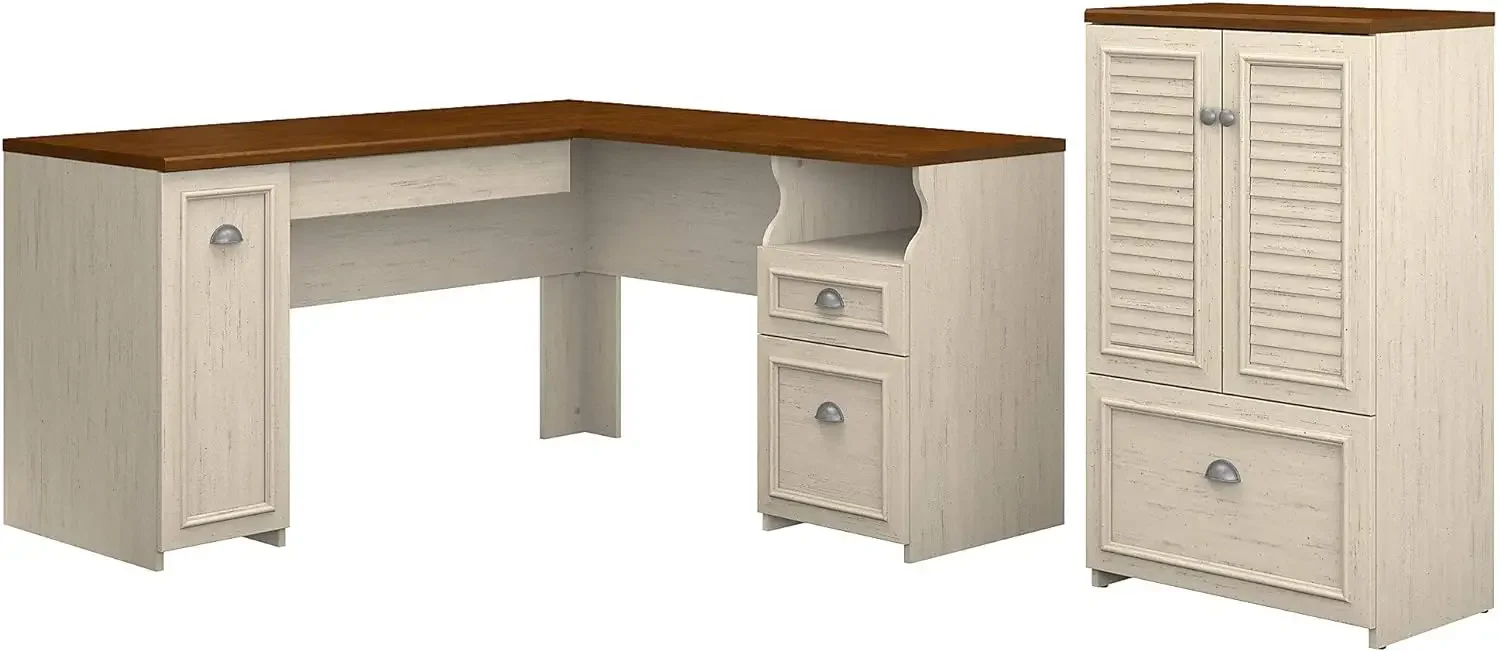 

60W L Shaped Desk and Storage Cabinet with Drawer in Antique White and Tea Maple USA