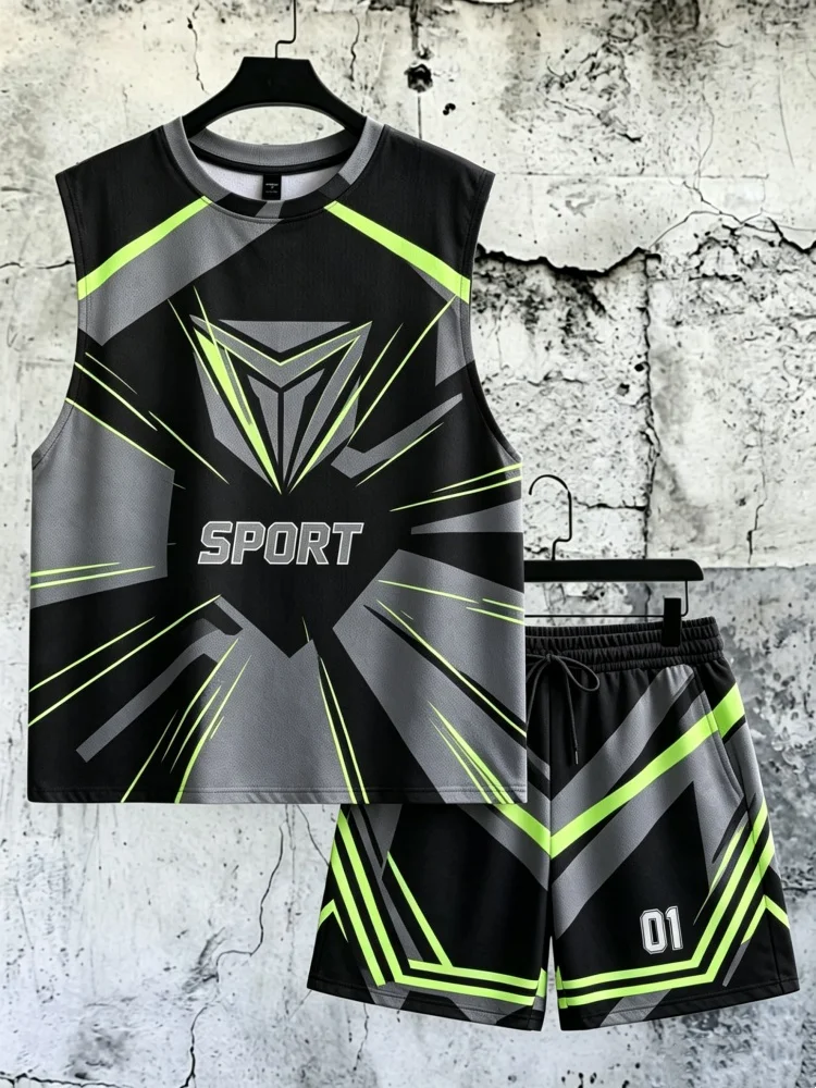 Men's Geometric Sport Print Sleeveless Tank & Shorts Set, Loose Comfort Athletic Outfit