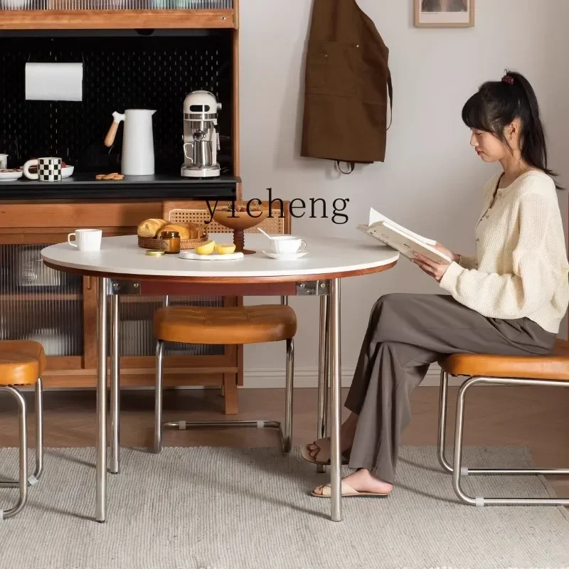r5.13  rock slab round table retro solid wood home dining table furniture stainless steel legs dining table and chairs