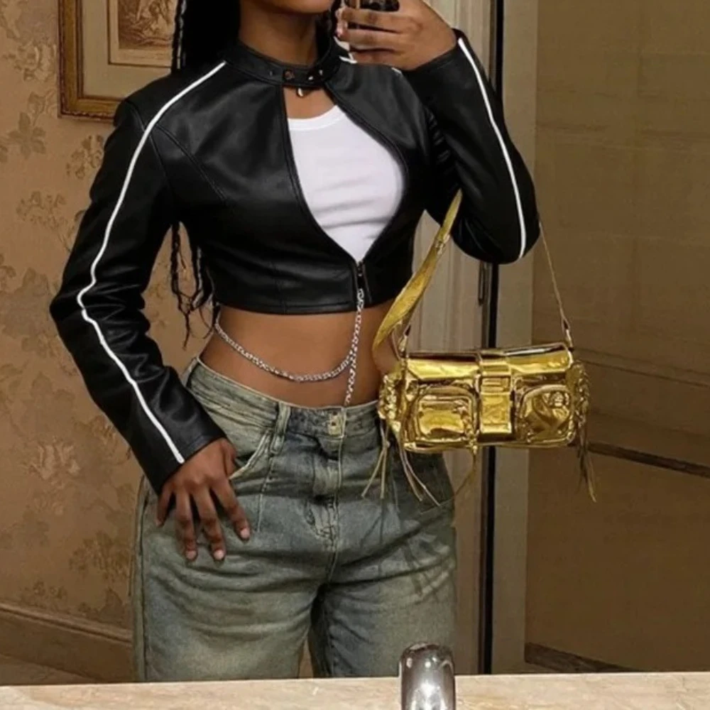 

Кожаная куртка из искусственной кожи, женские укороченные университетские бейсбольные пальто Y2K, уличная одежда, зима-осень 2024, черные куртки Cyber Racer, пальто