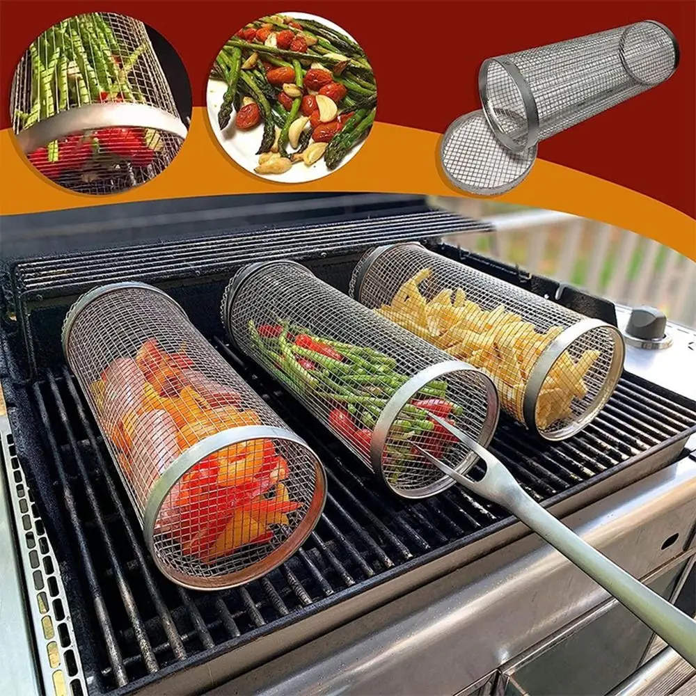 Barbecue Cages Barbecue Grill Grate Camping Picnic Cookware Outdoor Round BBQ Campfire Grill Grid Rolling Grill Basket