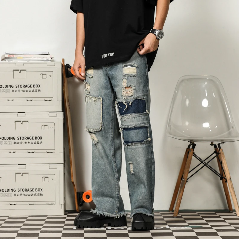 Jeans esfarrapados retrô americano para homens, pano reto solto, design de patch personalizado, calças de rua alta, novo, verão, 2024