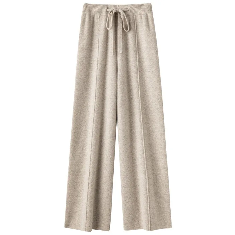 New Arrival Women High Waist Wide Leg Pants For Autumn Winter Thick Warm Solid Basic Casual Trousers 100% Merino Wool Knitwear