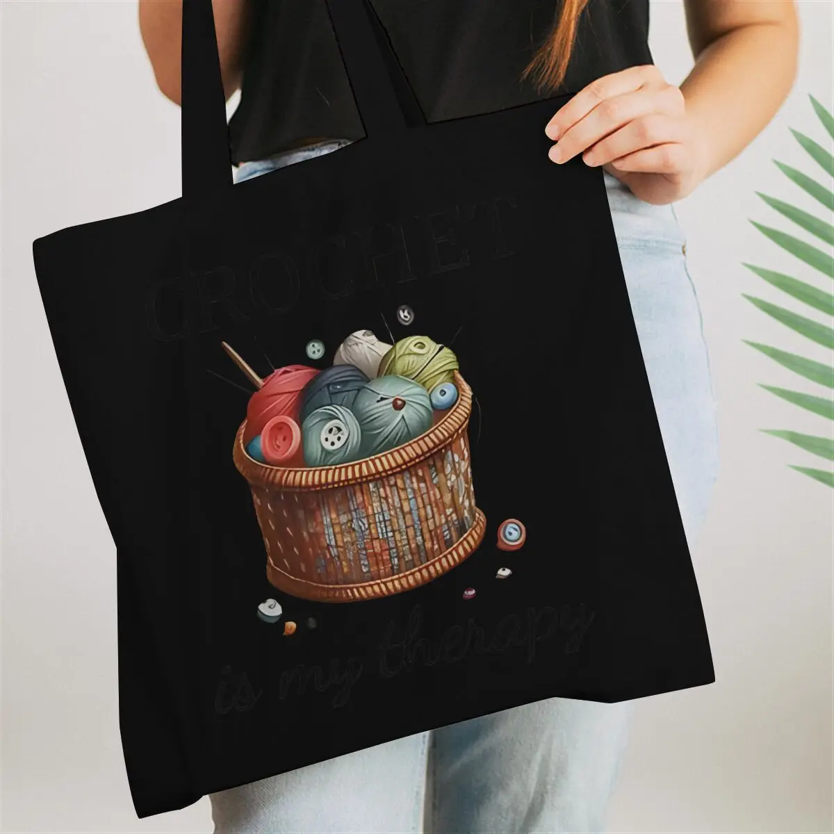 Crochet Theme Canvas Tote Bag Vintage Portable Women's Handabgs Crochet Lover Gifts Shopping Shoulder Bag