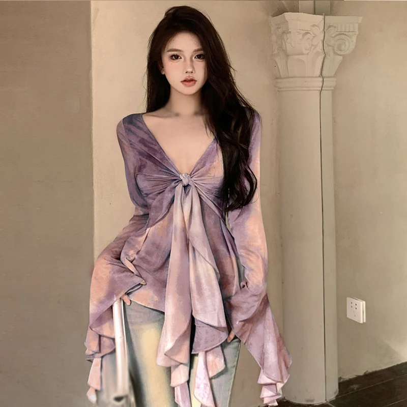 Sexy V-neck Chiffon Shirt Women\'s Summer Design Sense Gradient Tie Dyed Ruffle Flare Sleeve Top Purple One Size